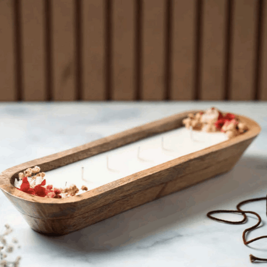 Handmade Wooden Boat Shaped Wax Scented Candle with Dry or Wax Flowers | 12 Inch