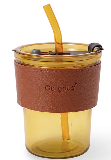 Glass Travel Coffee Mug Tumbler with Straw and Leather Sleeve, 400ml Portable Drinking Cup Sipper, 1pc - Color May Vary