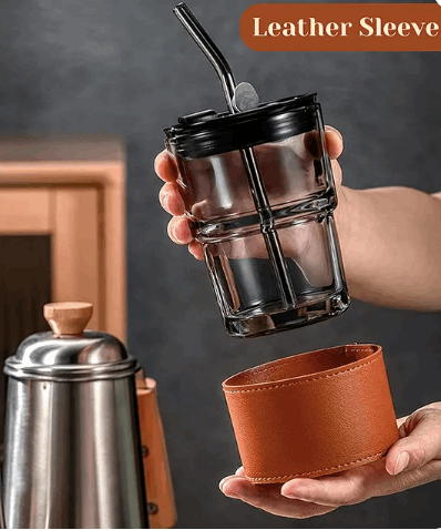 Glass Travel Coffee Mug Tumbler with Straw and Leather Sleeve, 400ml Portable Drinking Cup Sipper, 1pc - Color May Vary