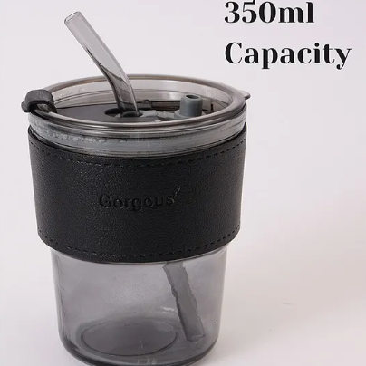 Glass Travel Coffee Mug Tumbler with Straw and Leather Sleeve, 400ml Portable Drinking Cup Sipper, 1pc - Color May Vary