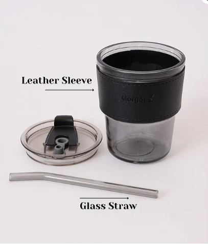 Glass Travel Coffee Mug Tumbler with Straw and Leather Sleeve, 400ml Portable Drinking Cup Sipper, 1pc - Color May Vary